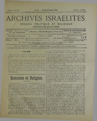 Archives israélites de France. Vol.79 N°29 (18 juil. 1918)